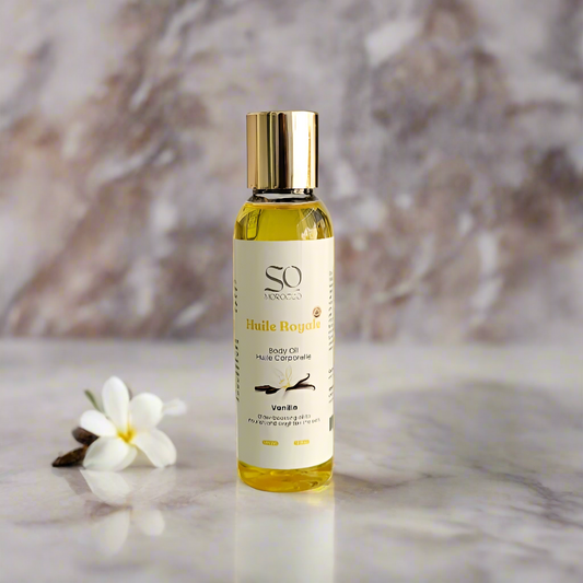 Luxurious Vanilla body oil with hydrating formula, ideal for dry skin care.
