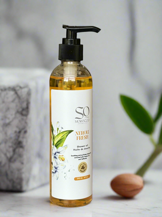 Shower oil infused with moroccan Argan oil for deep cleansing and hydration, luxurious lather, neroli fresh natural fragrance, mineral oil-free