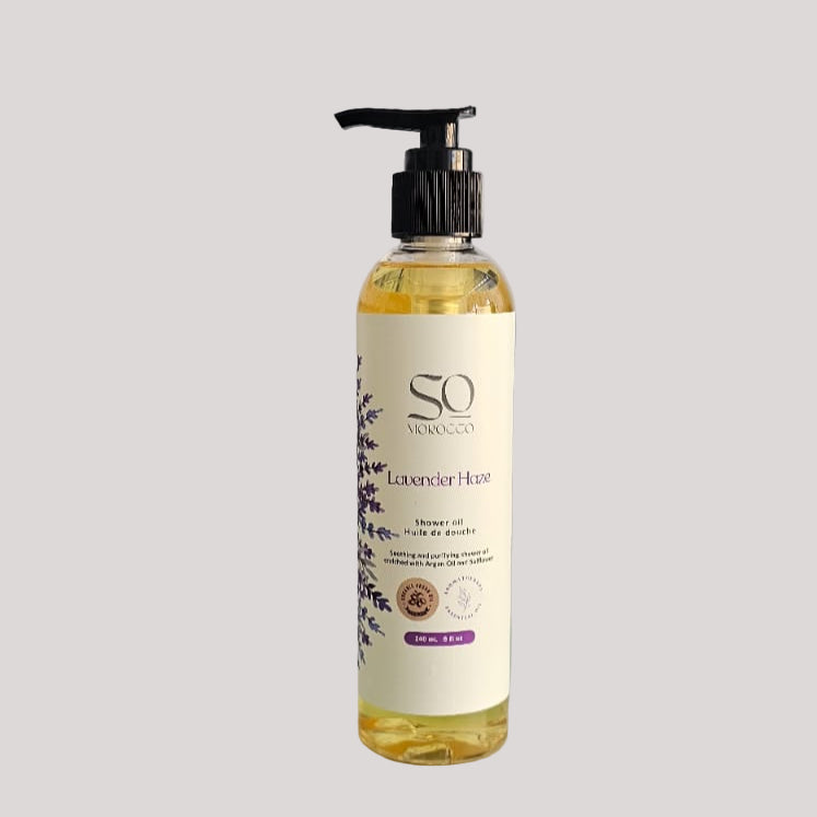 Luxurious Lavender scented shower oil for relaxing spa-like home bathing with deep nourishing hydration.