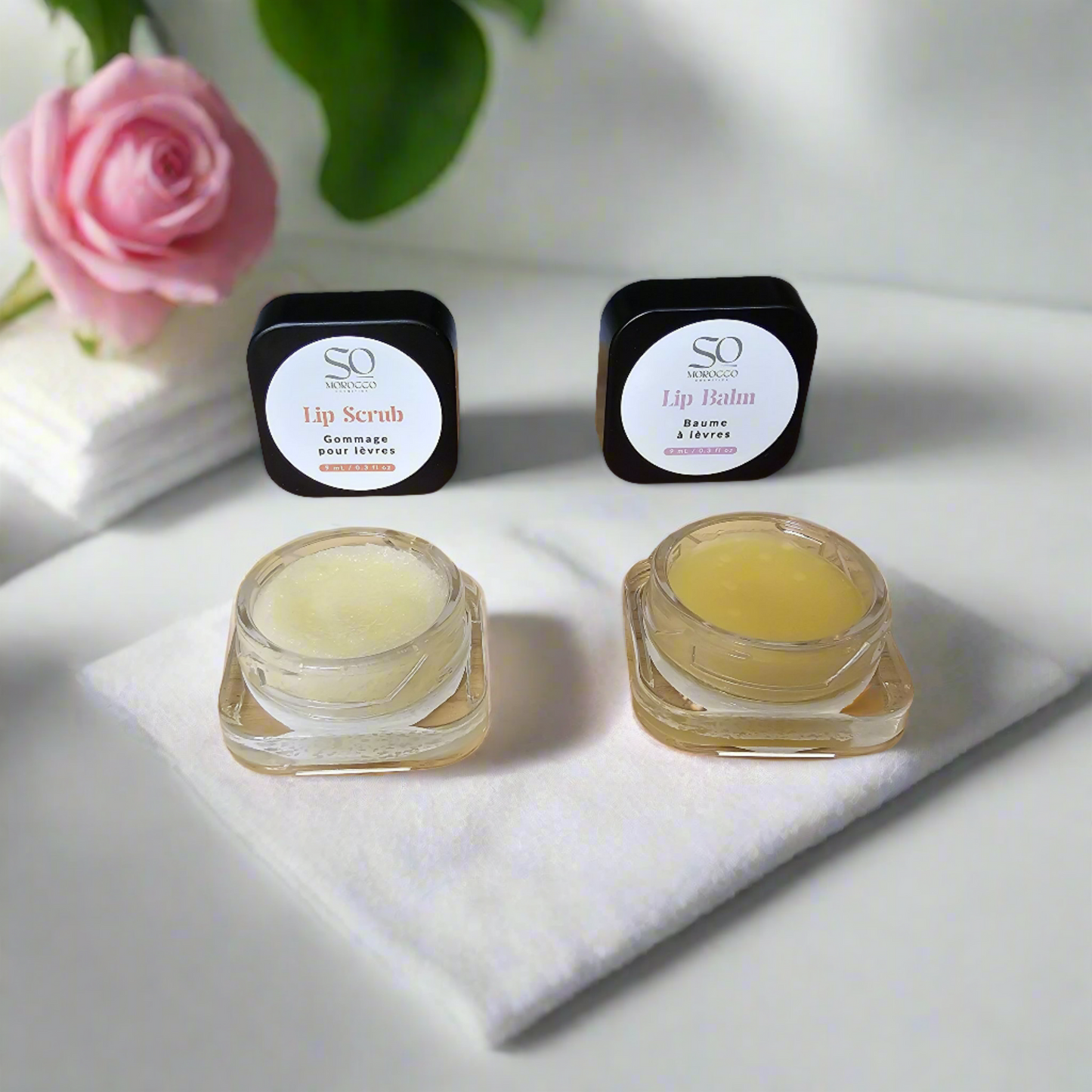 So Morocco Revitalizing Lip Scrub and Balm Duo, featuring natural ingredients for smooth and hydrated lips.