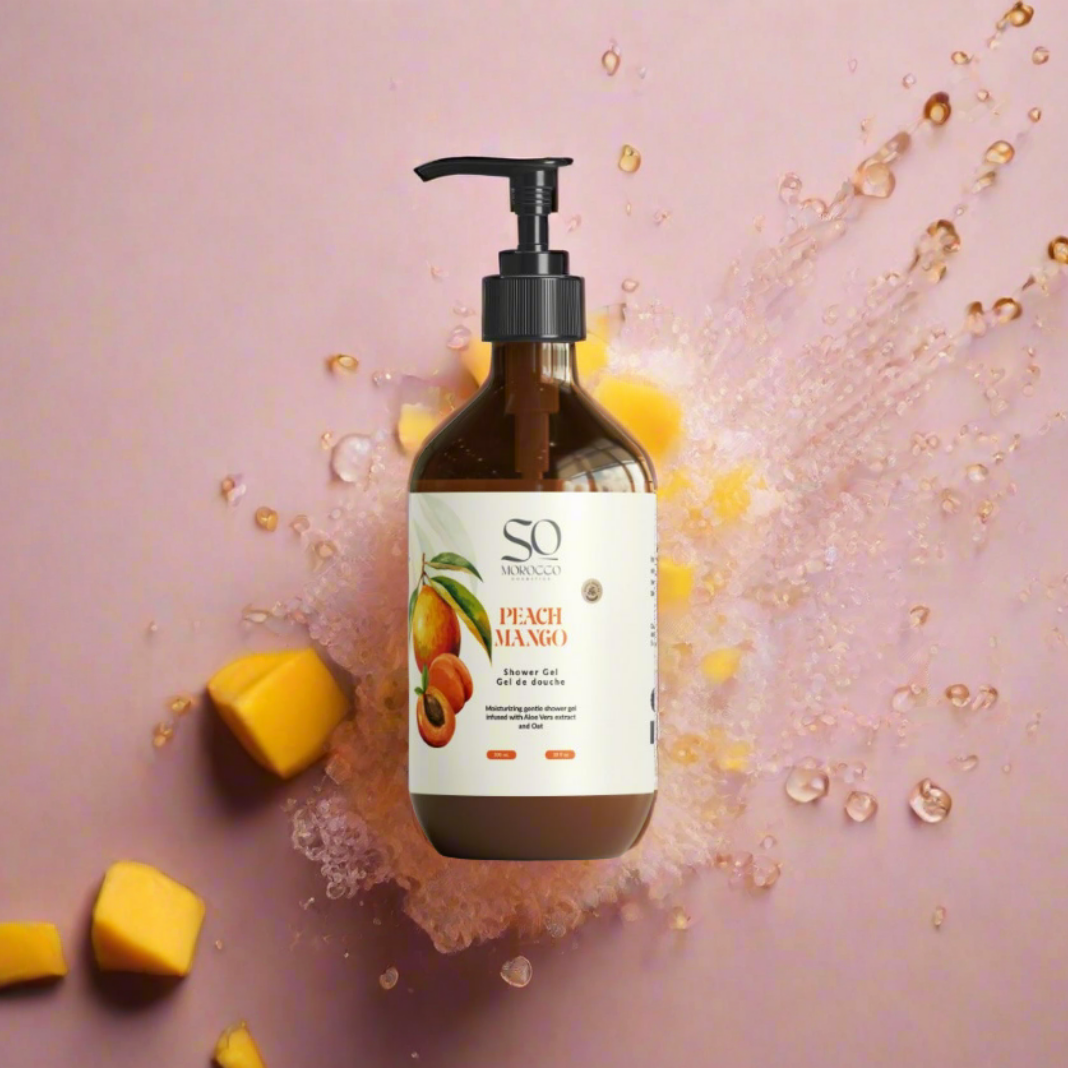 So Morocco shower gel with natural ingredients and Peach Mango scent for luxurious, hydrating cleanse and enveloping foam.