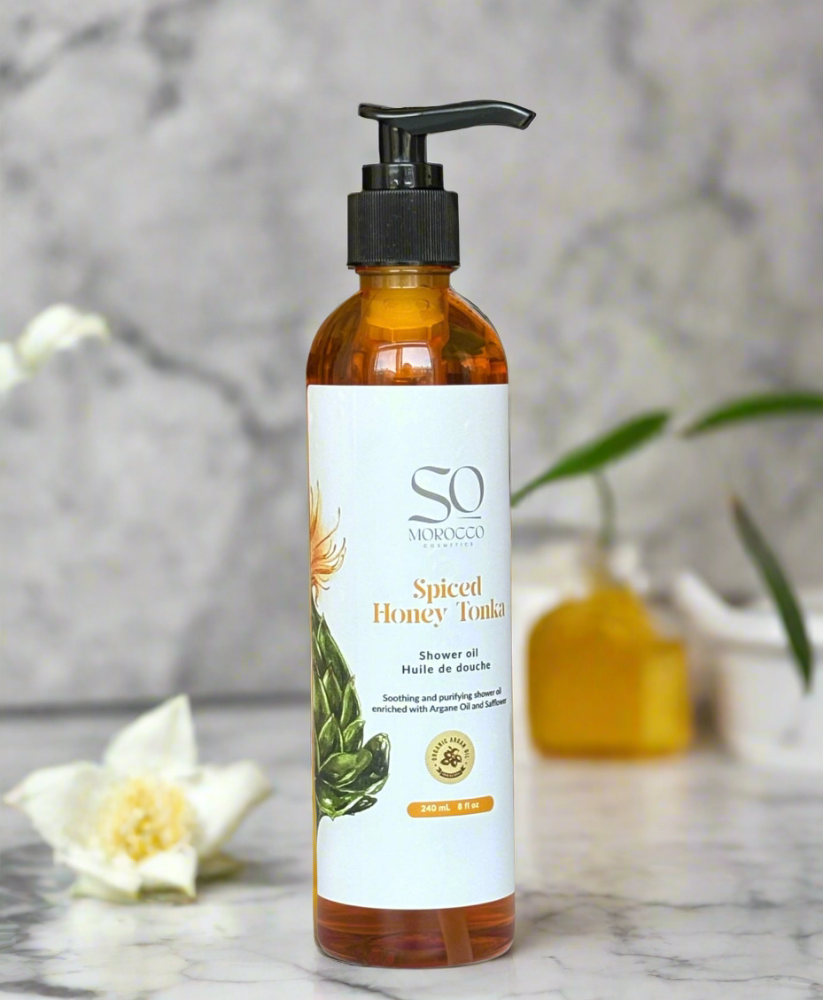 Shower oil infused with Moroccan Argan oil for deep cleansing and hydration, luxurious lather, Honey natural fragrance, mineral oil-free