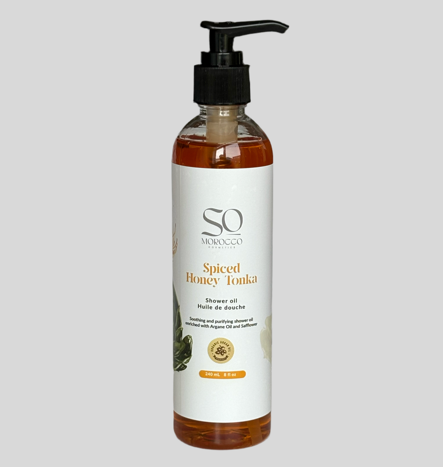 Shower oil infused with Moroccan Argan oil for deep cleansing and hydration, luxurious lather, Honey natural fragrance, mineral oil-free