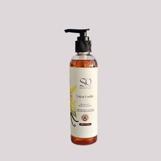 Luxurious Vanilla scented shower oil for relaxing spa-like home bathing with deep nourishing hydration