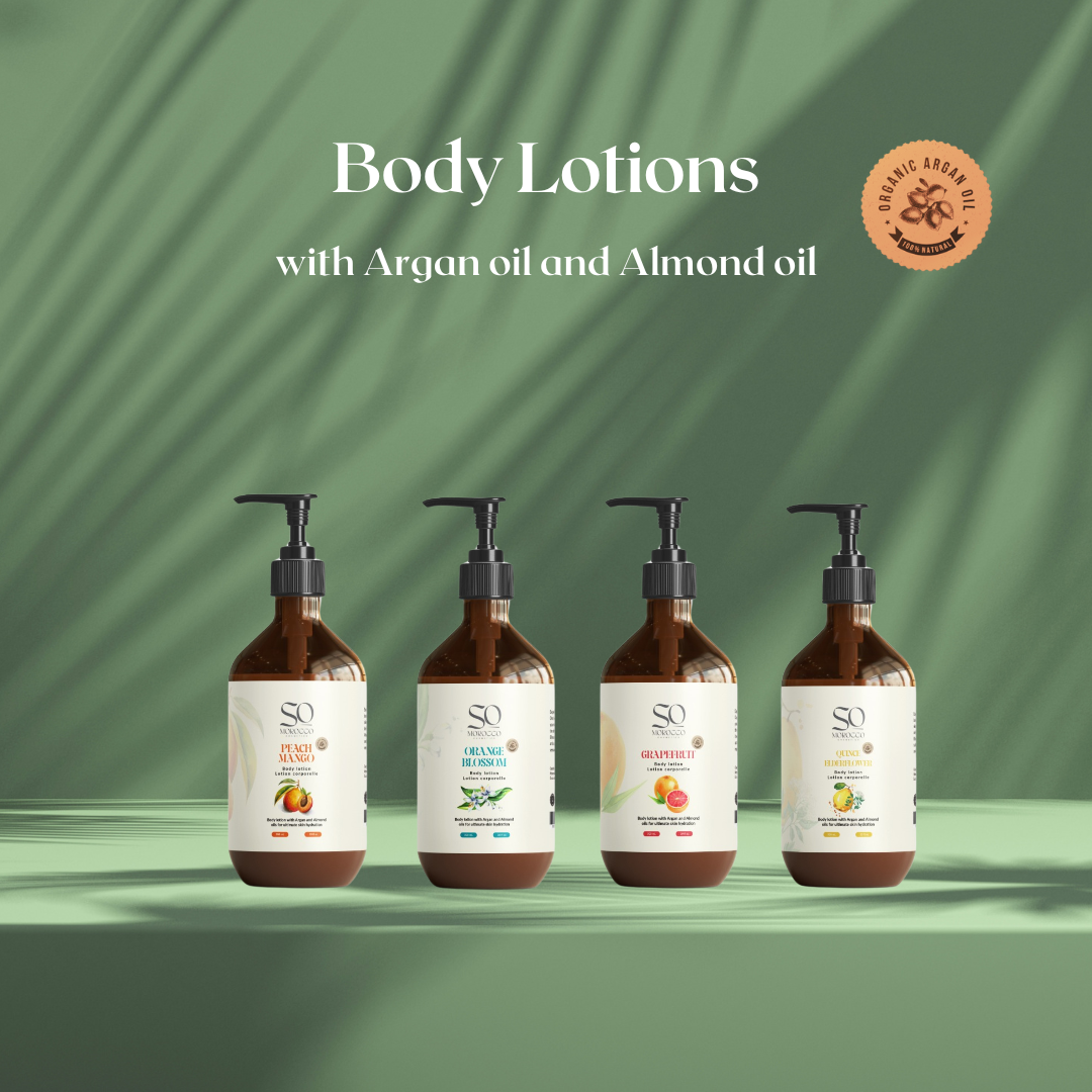 Body lotion with Argan oil and Almond oil for deep skin hydration.