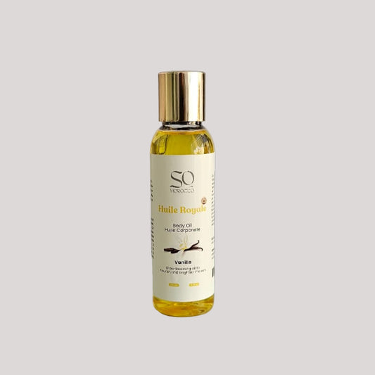 Luxurious Vanilla body oil with hydrating formula, ideal for dry skin care.