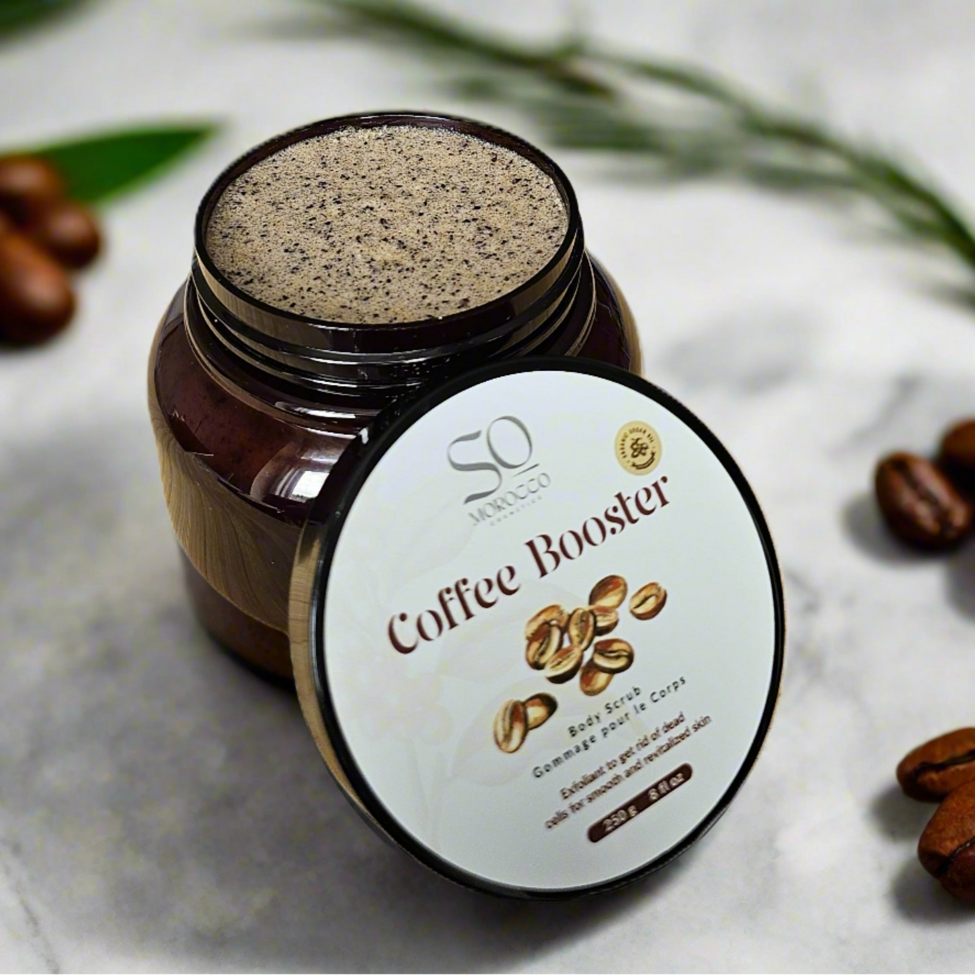 Exfoliant coffee scrub to get rid of dead cells for smooth and revitalized skin.