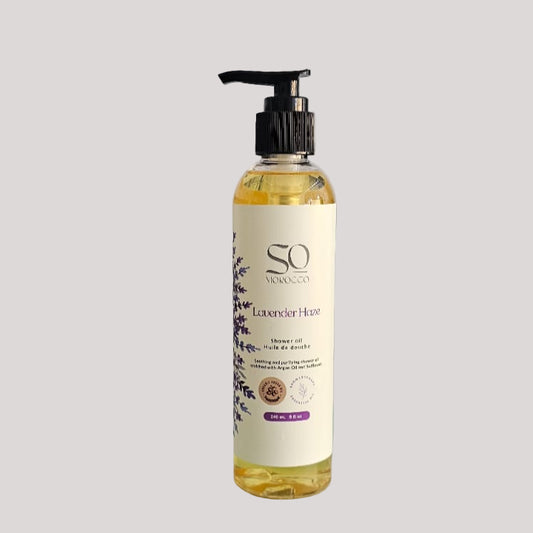 Luxurious Lavender scented shower oil for relaxing spa-like home bathing with deep nourishing hydration.