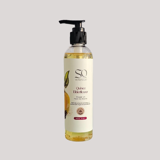 Luxurious Quince - Elderflower scented shower oil for relaxing spa-like home bathing with deep nourishing hydration.
