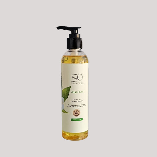 Luxurious White Tea scented shower oil for relaxing spa-like home bathing with deep nourishing hydration